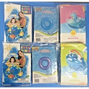 6 Inflatables Beach Pool Swim Rings 24”-30" & 17.5” Beach Balls for Kids 4-10